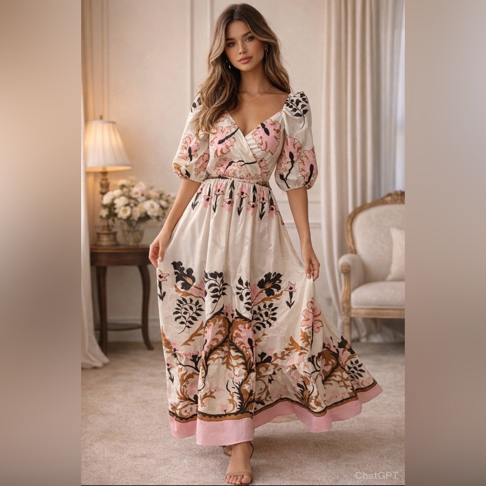 Dixie Wrap Bodice Maxi Dress – Romantic Floral with Puff Sleeves NWOT